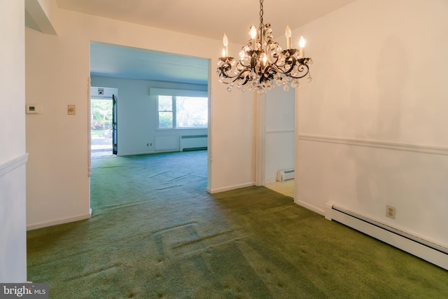 209 Berkshire Ave, Linwood, NJ 08221 - unfurnished dining area with a baseboard radiator, carpet, radiator heating unit, and a chandelier