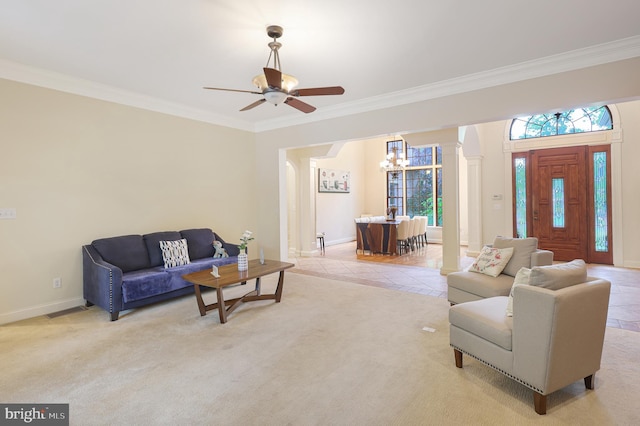 25 Mariner Ct, Ridgeley, WV 26753 - living area featuring a chandelier, ceiling fan, ornamental molding, light carpet, and baseboards