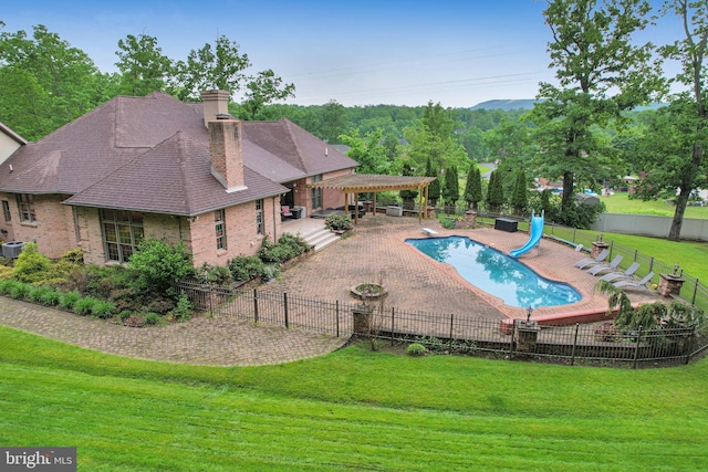 25 Mariner Ct, Ridgeley, WV 26753 - view of swimming pool featuring a pergola, a water slide, a patio, and central AC unit