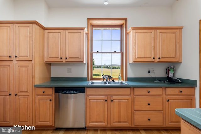 3 Howell Point Rd, Betterton, MD 21610 - kitchen with stainless steel dishwasher, a sink, light brown cabinetry, and dark countertops