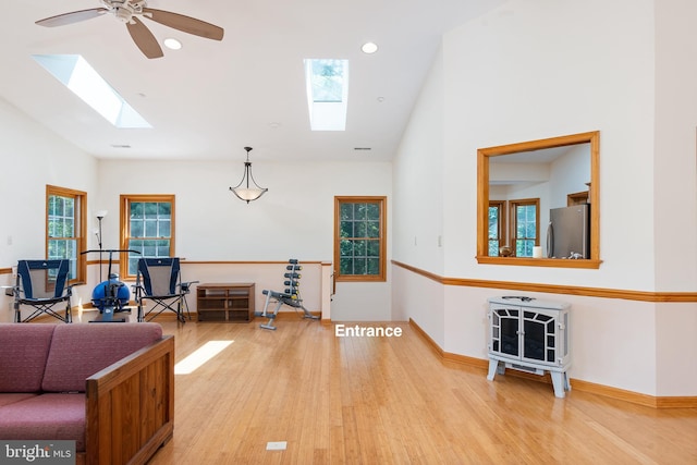 3 Howell Point Rd, Betterton, MD 21610 - living room featuring a skylight, wood finished floors, a ceiling fan, recessed lighting, and high vaulted ceiling
