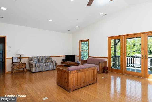 3 Howell Point Rd, Betterton, MD 21610 - living area featuring light wood finished floors, a ceiling fan, recessed lighting, french doors, and high vaulted ceiling