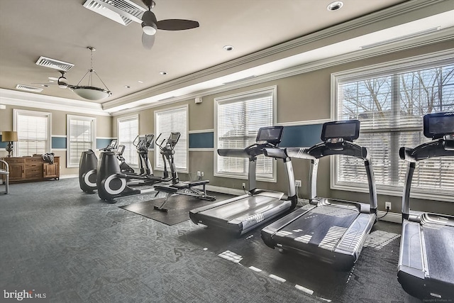 1504 Willow Branch Way, Severn, MD 21144 - workout area with crown molding, ceiling fan, a raised ceiling, and baseboards