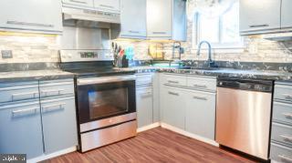 22 Erbitea Ln, New Castle, DE 19720 - kitchen featuring appliances with stainless steel finishes, dark wood-type flooring, under cabinet range hood, tasteful backsplash, and a sink