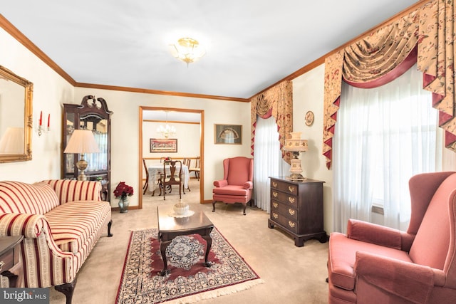 113 Kendallwood Dr, Fredericksburg, VA 22405 - living area with a chandelier, carpet floors, plenty of natural light, and ornamental molding