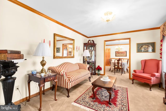 113 Kendallwood Dr, Fredericksburg, VA 22405 - living area with carpet floors, ornamental molding, a chandelier, and baseboards