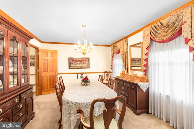 113 Kendallwood Dr, Fredericksburg, VA 22405 - dining area with light carpet, ornamental molding, and a chandelier