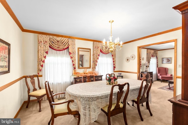 113 Kendallwood Dr, Fredericksburg, VA 22405 - dining area with light colored carpet, healthy amount of natural light, a chandelier, ornamental molding, and baseboards