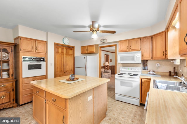 113 Kendallwood Dr, Fredericksburg, VA 22405 - kitchen with white appliances, a sink, ceiling fan, tasteful backsplash, and wood counters