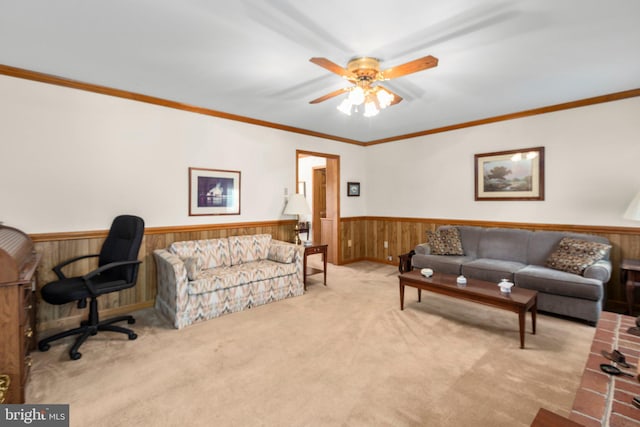 113 Kendallwood Dr, Fredericksburg, VA 22405 - carpeted living room featuring wainscoting, ceiling fan, ornamental molding, a desk, and wooden walls