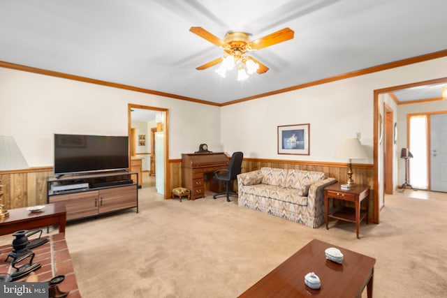 113 Kendallwood Dr, Fredericksburg, VA 22405 - living room with wainscoting, an office area, carpet flooring, a ceiling fan, and wooden walls
