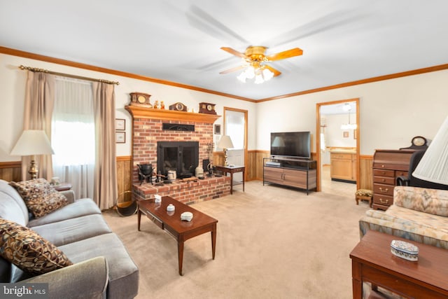 113 Kendallwood Dr, Fredericksburg, VA 22405 - living room with a wainscoted wall, a ceiling fan, light colored carpet, ornamental molding, and wooden walls