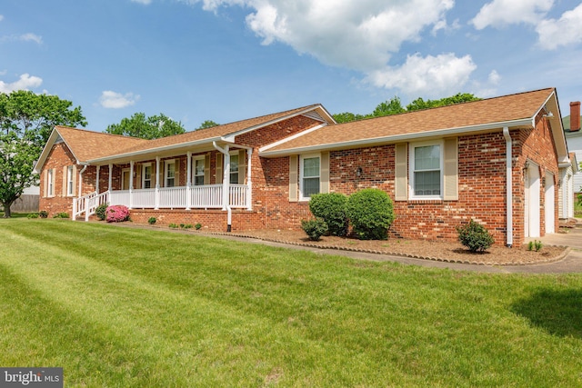 113 Kendallwood Dr, Fredericksburg, VA 22405 - ranch-style house featuring brick siding, an attached garage, a porch, a front yard, and a shingled roof