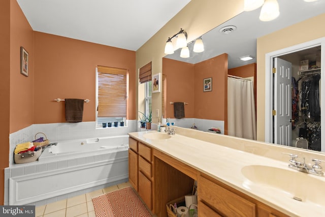 419 Westside Station Dr, Winchester, VA 22601 - bathroom featuring tile patterned floors, double vanity, a garden tub, and curtained shower