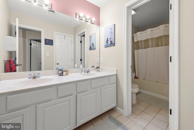419 Westside Station Dr, Winchester, VA 22601 - full bathroom featuring tile patterned flooring, double vanity, toilet, and shower / tub combo with curtain