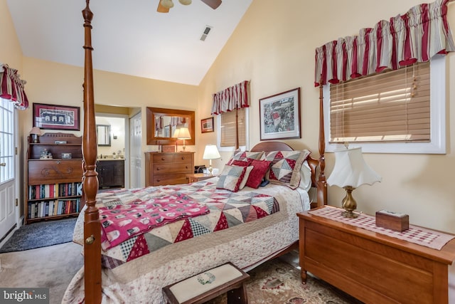 336 Miller St, Winchester, VA 22601 - bedroom featuring carpet floors, connected bathroom, a ceiling fan, and high vaulted ceiling