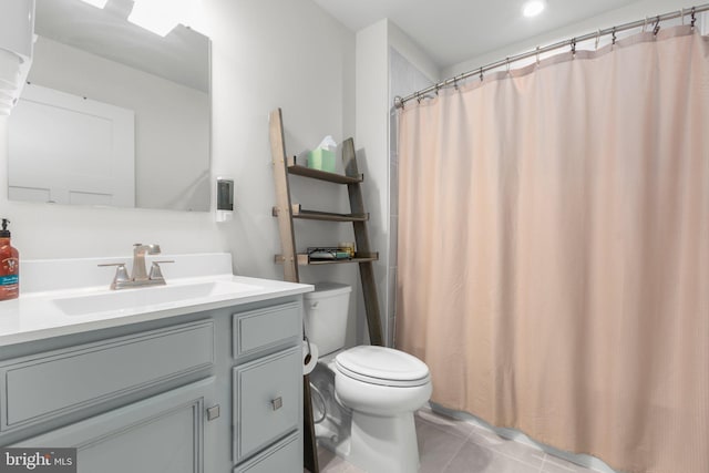 12037 Angora Dr, King George, VA 22485 - bathroom with toilet, vanity, tile patterned flooring, and a shower with shower curtain