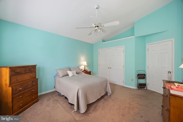 21 Bancroft St, Taneytown, MD 21787 - bedroom with light colored carpet, vaulted ceiling, a closet, baseboards, and a ceiling fan