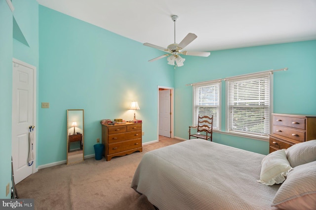 21 Bancroft St, Taneytown, MD 21787 - carpeted bedroom with baseboards, high vaulted ceiling, and a ceiling fan