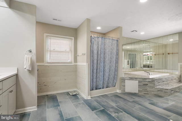 106 Lighthouse Dr, Hampton, VA 23664 - bathroom featuring vanity, recessed lighting, a shower with shower curtain, and a wainscoted wall