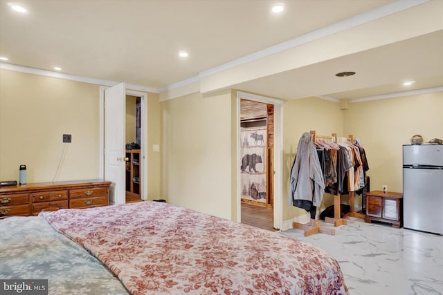 3111 Jessica Rd, Dover, PA 17315 - bedroom with freestanding refrigerator, ornamental molding, recessed lighting, and marble finish flooring