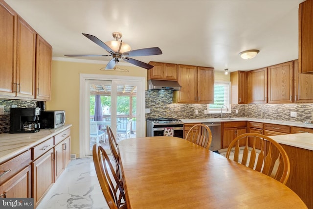 3111 Jessica Rd, Dover, PA 17315 - kitchen with stainless steel appliances, a sink, under cabinet range hood, tasteful backsplash, and a ceiling fan