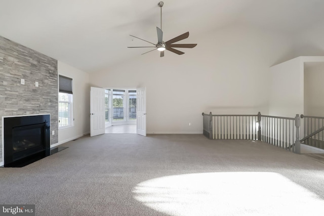11202 King Gallahan Ct, Clinton, MD 20735 - unfurnished living room with high vaulted ceiling, a ceiling fan, carpet floors, a fireplace, and baseboards