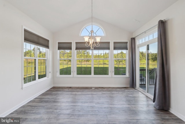 11202 King Gallahan Ct, Clinton, MD 20735 - unfurnished sunroom featuring a chandelier, lofted ceiling, wood finished floors, and baseboards