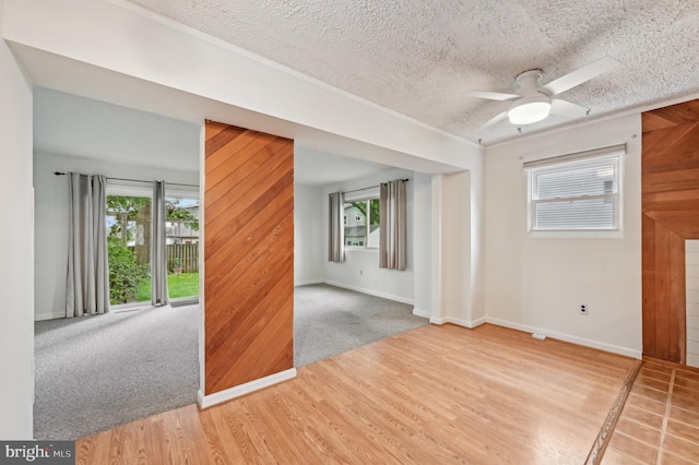 225 Dunlap Rd, Pasadena, MD 21122 - spare room with a textured ceiling, wood walls, a ceiling fan, wood finished floors, and baseboards