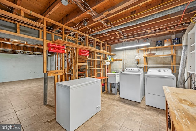 225 Dunlap Rd, Pasadena, MD 21122 - unfinished below grade area with separate washer and dryer, white fridge, and a sink