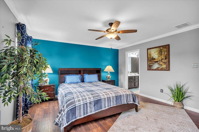 6 Hedwig Ct, Voorhees, NJ 08043 - bedroom featuring crown molding, baseboards, a ceiling fan, wood finished floors, and connected bathroom