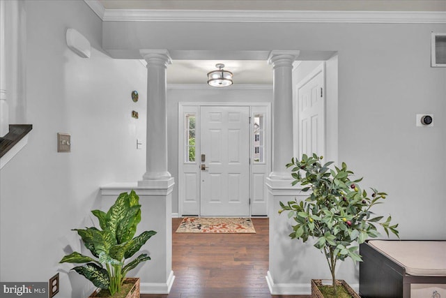 6 Hedwig Ct, Voorhees, NJ 08043 - foyer entrance featuring ornate columns, wood finished floors, and ornamental molding