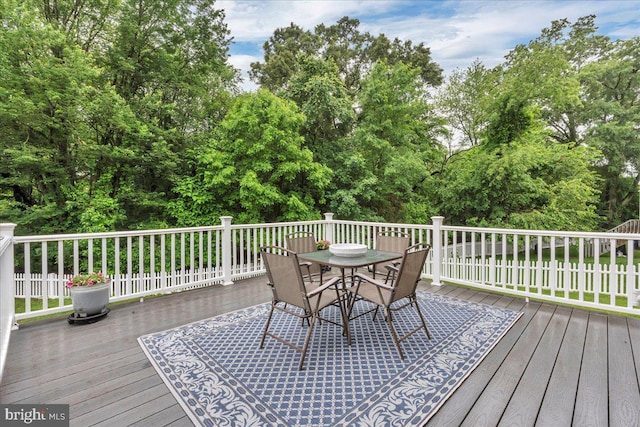 6 Hedwig Ct, Voorhees, NJ 08043 - wooden deck featuring outdoor dining space and view of wooded area