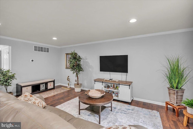 6 Hedwig Ct, Voorhees, NJ 08043 - living room with baseboards, dark wood finished floors, crown molding, and recessed lighting