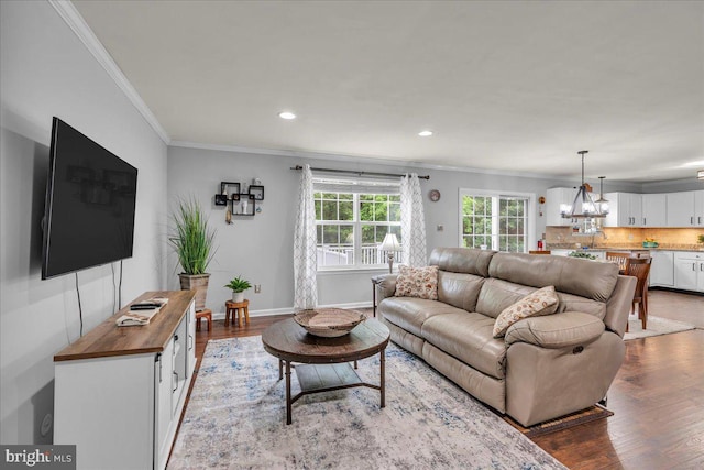 6 Hedwig Ct, Voorhees, NJ 08043 - living room featuring ornamental molding, light wood-style flooring, recessed lighting, a chandelier, and baseboards