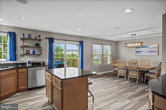 129 Helen Dr, Cinnaminson, NJ 08077 - kitchen with dishwasher, a breakfast bar, light wood-style floors, recessed lighting, and a kitchen island