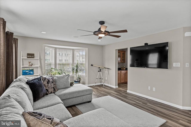 129 Helen Dr, Cinnaminson, NJ 08077 - living room featuring wood finished floors, ceiling fan, and recessed lighting