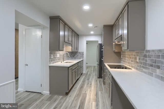 69 Drexel Pl, New Cumberland, PA 17070 - kitchen featuring gray cabinets, a sink, black electric stovetop, light wood-style floors, and light countertops