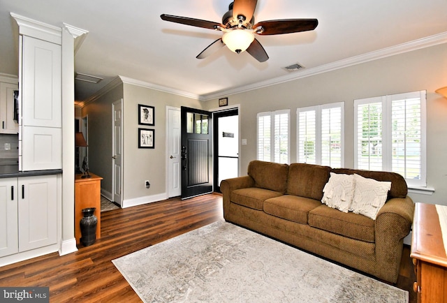 985 Jeffrey Dr, Southampton, PA 18966 - living room with crown molding, dark wood finished floors, a ceiling fan, and baseboards