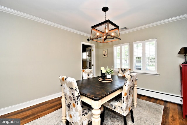 985 Jeffrey Dr, Southampton, PA 18966 - dining room featuring a baseboard radiator, a chandelier, crown molding, dark wood finished floors, and baseboards