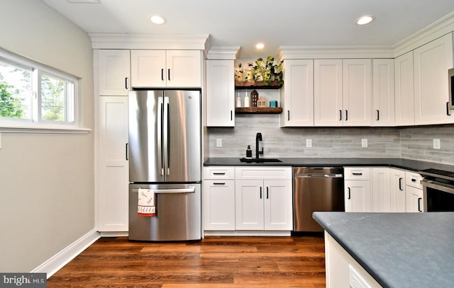 985 Jeffrey Dr, Southampton, PA 18966 - kitchen with stainless steel appliances, a sink, open shelves, dark countertops, and recessed lighting
