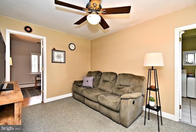 985 Jeffrey Dr, Southampton, PA 18966 - carpeted living room with a baseboard radiator, a ceiling fan, and baseboards