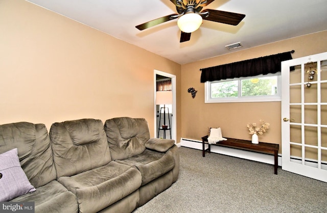 985 Jeffrey Dr, Southampton, PA 18966 - carpeted living area with ceiling fan and a baseboard radiator