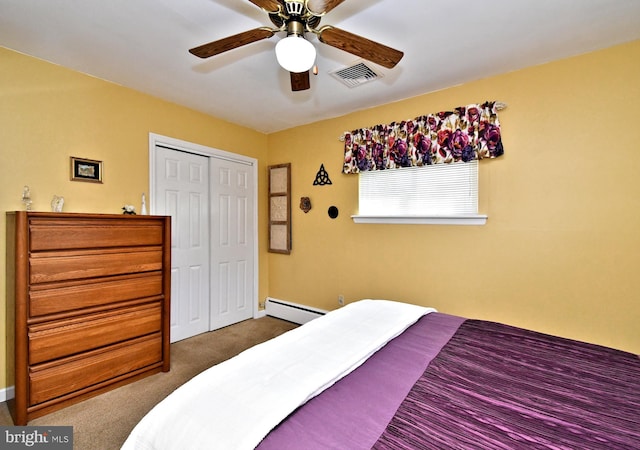 985 Jeffrey Dr, Southampton, PA 18966 - bedroom with baseboard heating, carpet floors, a closet, ceiling fan, and baseboards
