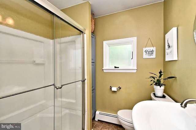 985 Jeffrey Dr, Southampton, PA 18966 - bathroom with baseboard heating, a shower stall, a sink, toilet, and tile patterned flooring