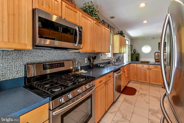 170 Vaughndom Way, Martinsburg, WV 25404 - kitchen featuring stainless steel appliances, light marble finish floors, dark countertops, recessed lighting, and decorative backsplash