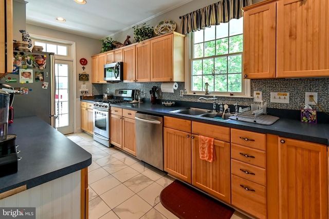 170 Vaughndom Way, Martinsburg, WV 25404 - kitchen with stainless steel appliances, light marble finish flooring, dark countertops, healthy amount of natural light, and recessed lighting