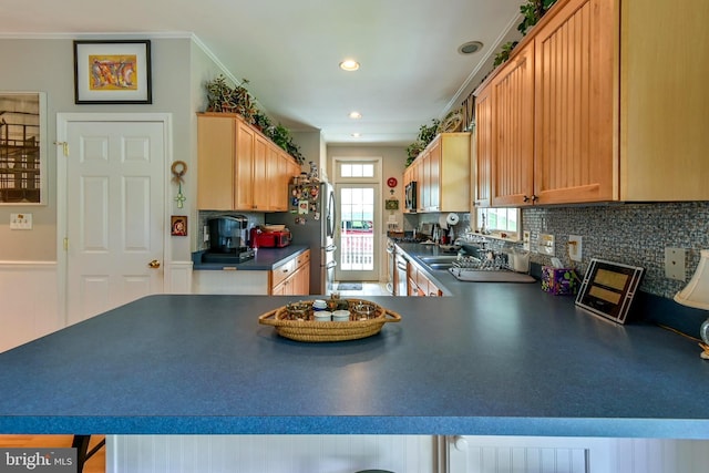 170 Vaughndom Way, Martinsburg, WV 25404 - kitchen featuring stainless steel refrigerator with ice dispenser, backsplash, recessed lighting, dark countertops, and ornamental molding