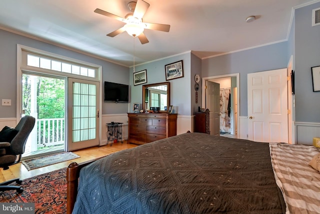 170 Vaughndom Way, Martinsburg, WV 25404 - bedroom featuring access to exterior, wood finished floors, a wainscoted wall, ornamental molding, and ceiling fan