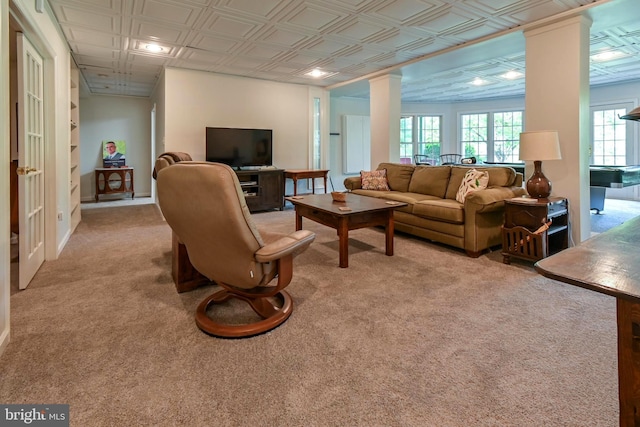 170 Vaughndom Way, Martinsburg, WV 25404 - living room featuring an ornate ceiling, light carpet, and decorative columns